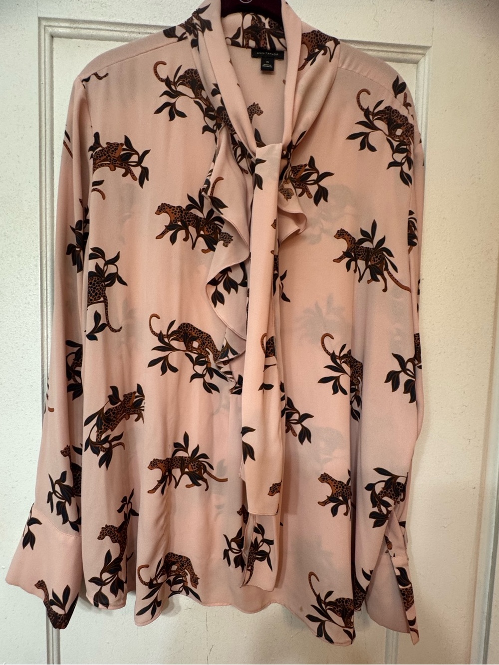 Ann Taylor Pink Tie-Neck Leopard Print Blouse